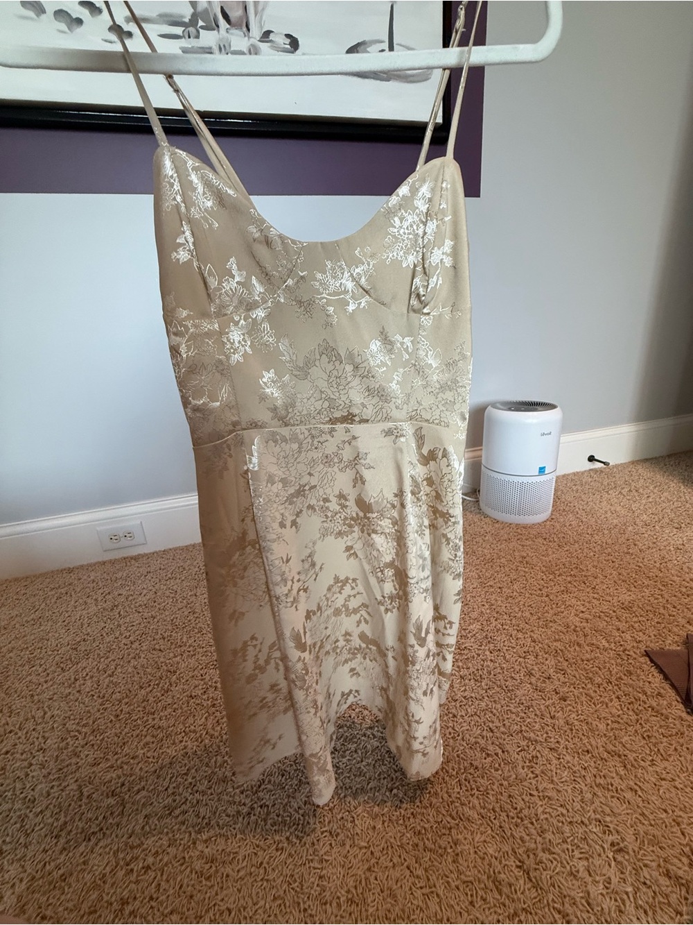 Crescent Beige Floral Jacquard Mini Slip Dress